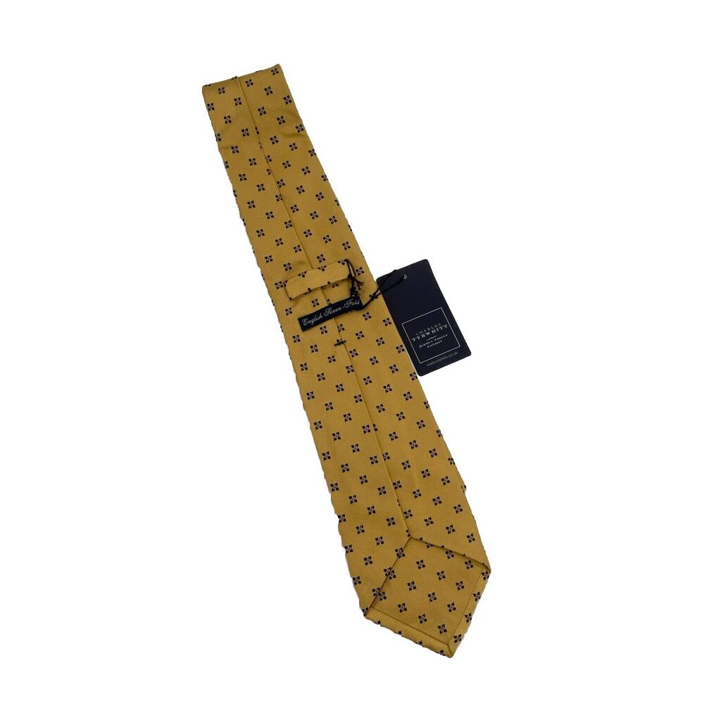 Charles Tyrwhitt Silk Tie Gold Background‎ Small Blue Flower Made In England